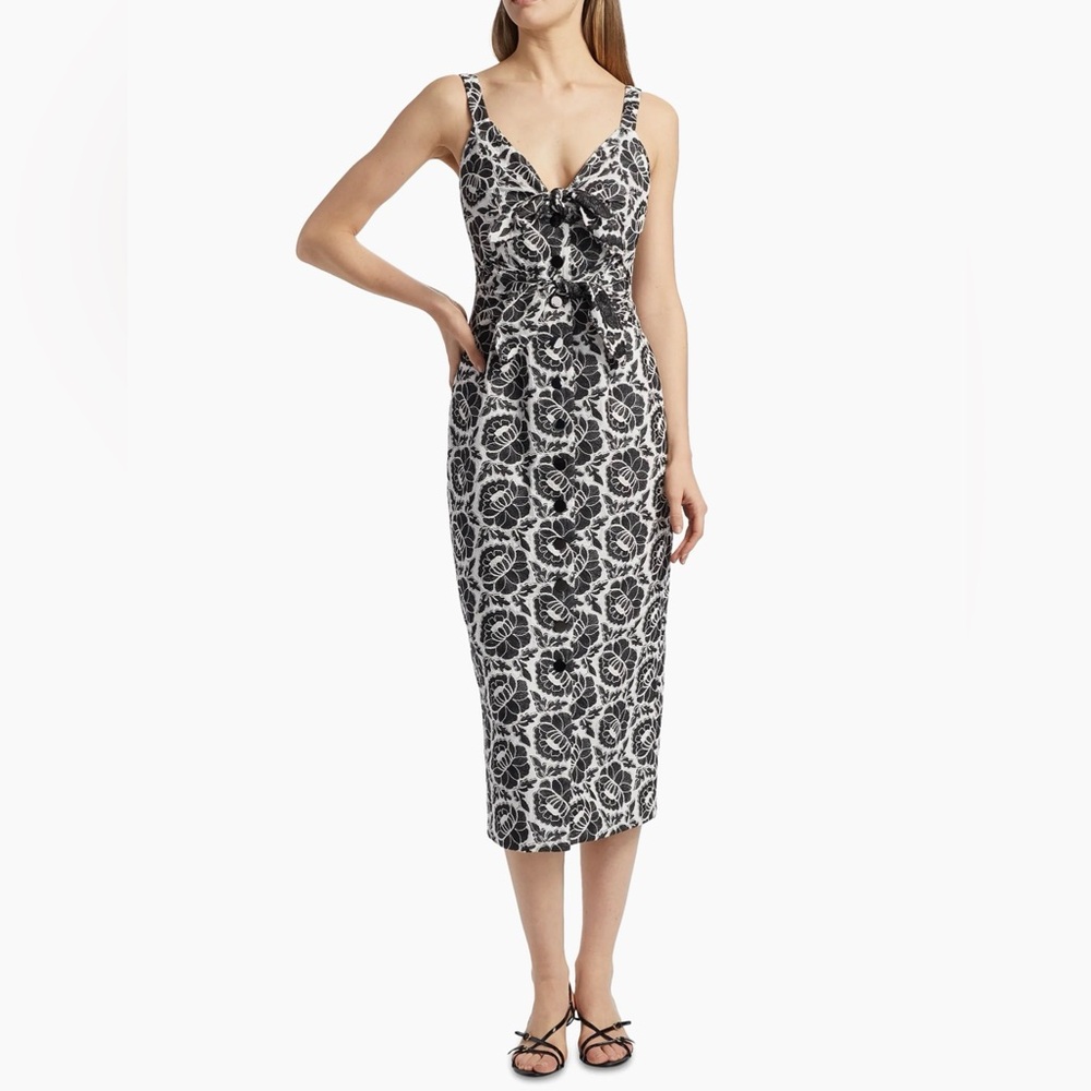 Toccin Black & White Floral Knot-Front Midi Dress